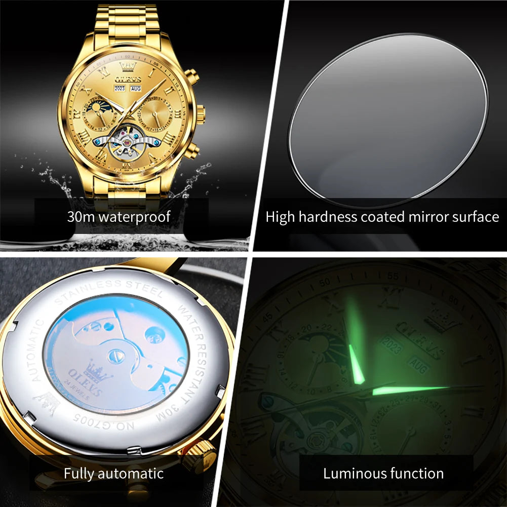 OLEVS 7005 Classic Business Mechanical Wristwatch for Man Skeleton Flywheel 24 Hour Moon Phase  Calendar Luxury Men's Watch
