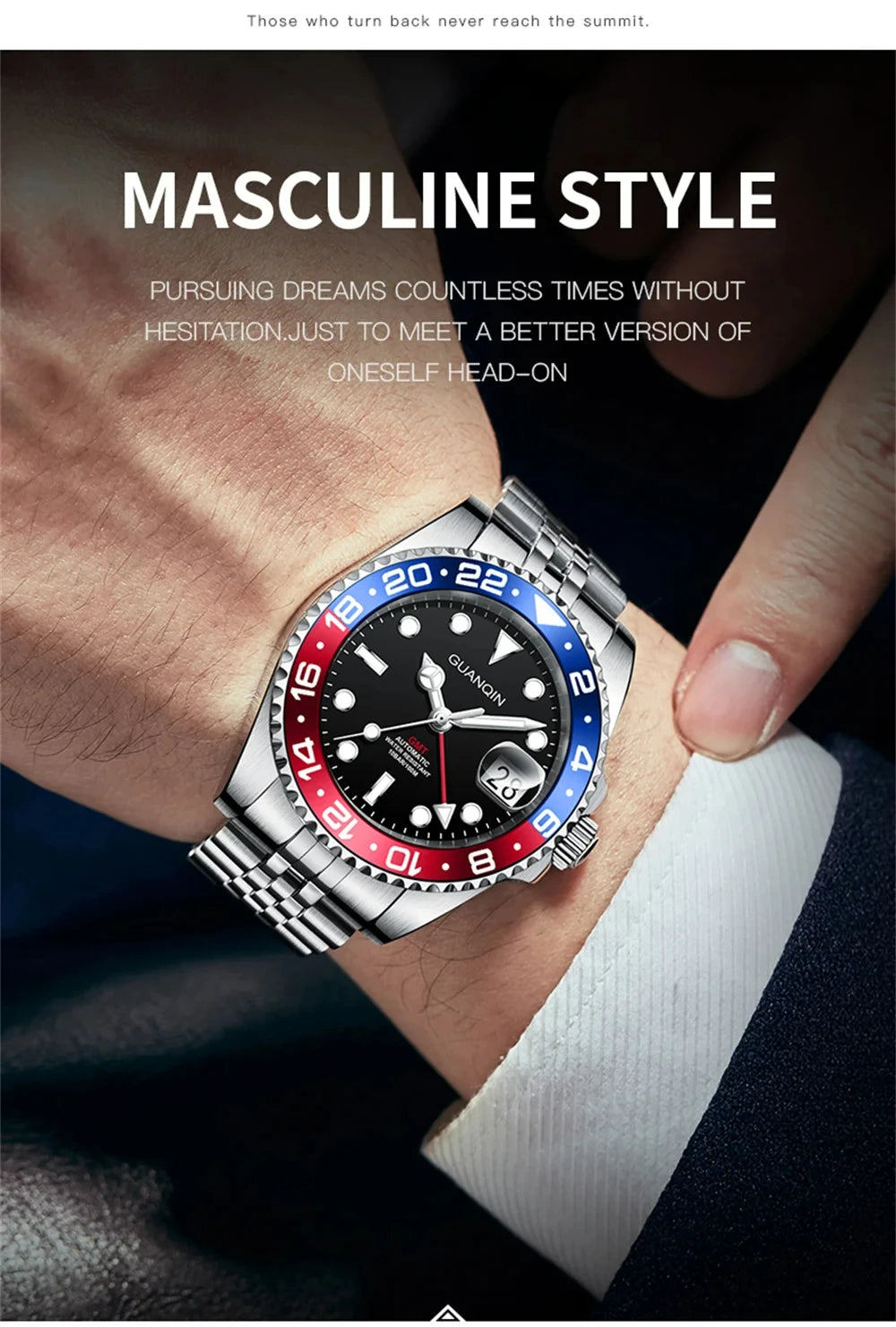 Orologio da uomo GUANQIN GMT 2025, nuovo orologio automatico da uomo NH34, meccanico da polso, vetro zaffiro, acciaio inox, per mancini