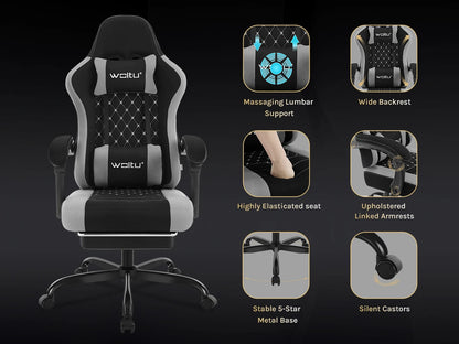WOLTU Massage Gaming Chair Ergonomic Gamer Chair with Footrest, Lumbar Support, Adjustable Headrest, Swivel Computer Office Chair