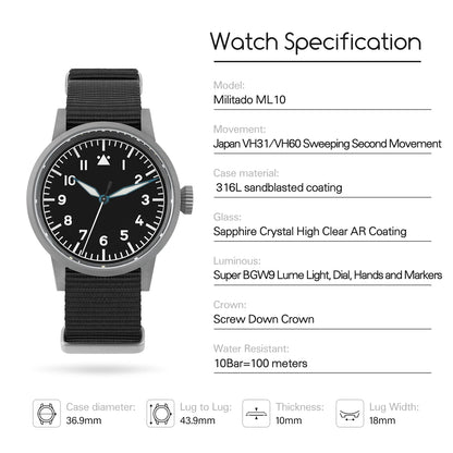 Militado ML10 Quartz Watch VH31 Sweeping Second Movement Sapphire Crystal BGW9 Luminous 10Bar Waterproof 36.9mm Vintage Watches
