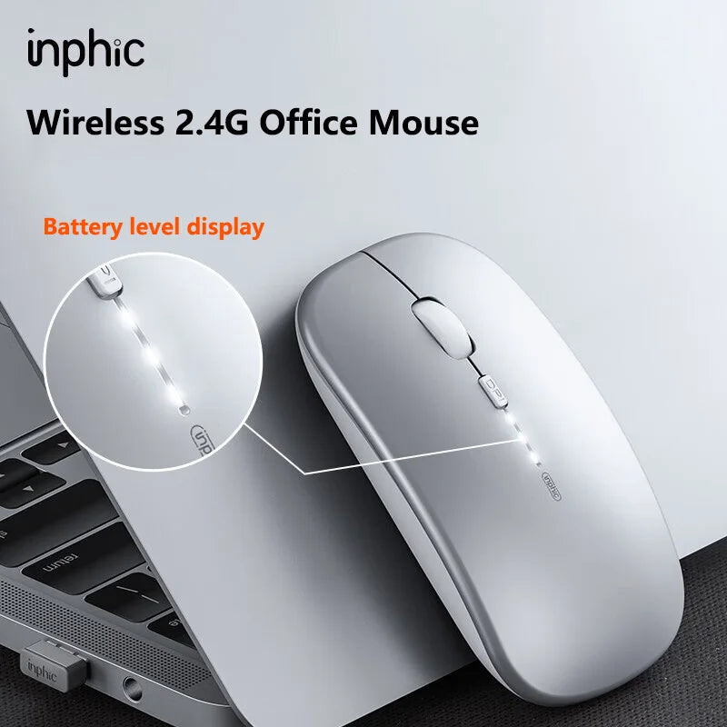 Ratón inalámbrico silencioso de oficina Inphic M1P ultrafino portátil con interfaz USB, indicador de batería y carga TYPE-C