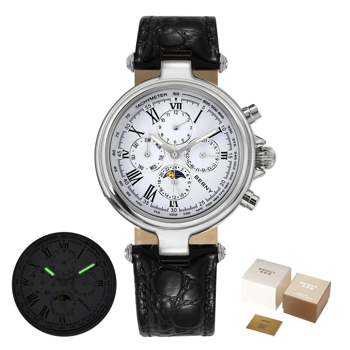 BERNY Classic Dress Automatic Watch for Men Luxury Stainless Steel Mechanical Wristwatch Leather Strap Waterproof Sliver Watches