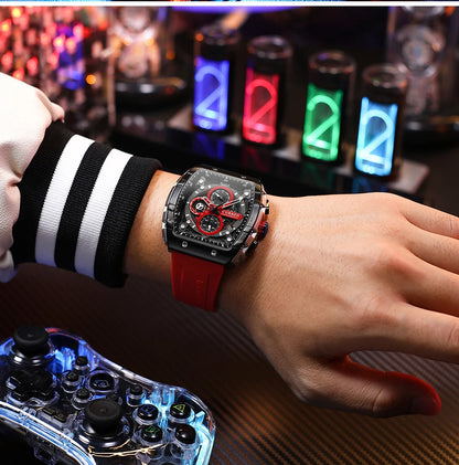 CURREN Tonneau Dial Sport Watch for Men Fashion Waterproof Quartz Wristwatch with Auto Date Yellow Silicone Strap Luminous