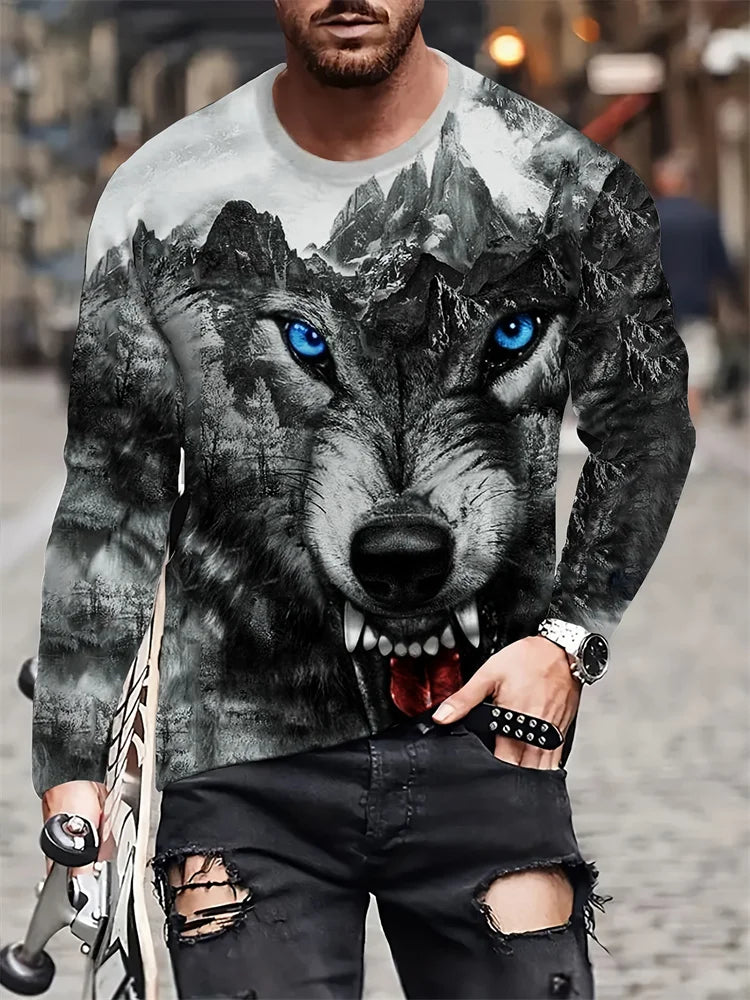 T-shirt de manga comprida para homem com novo estampado de lobo 2024, camisa casual diária de primavera e outono, moda streetwear masculina