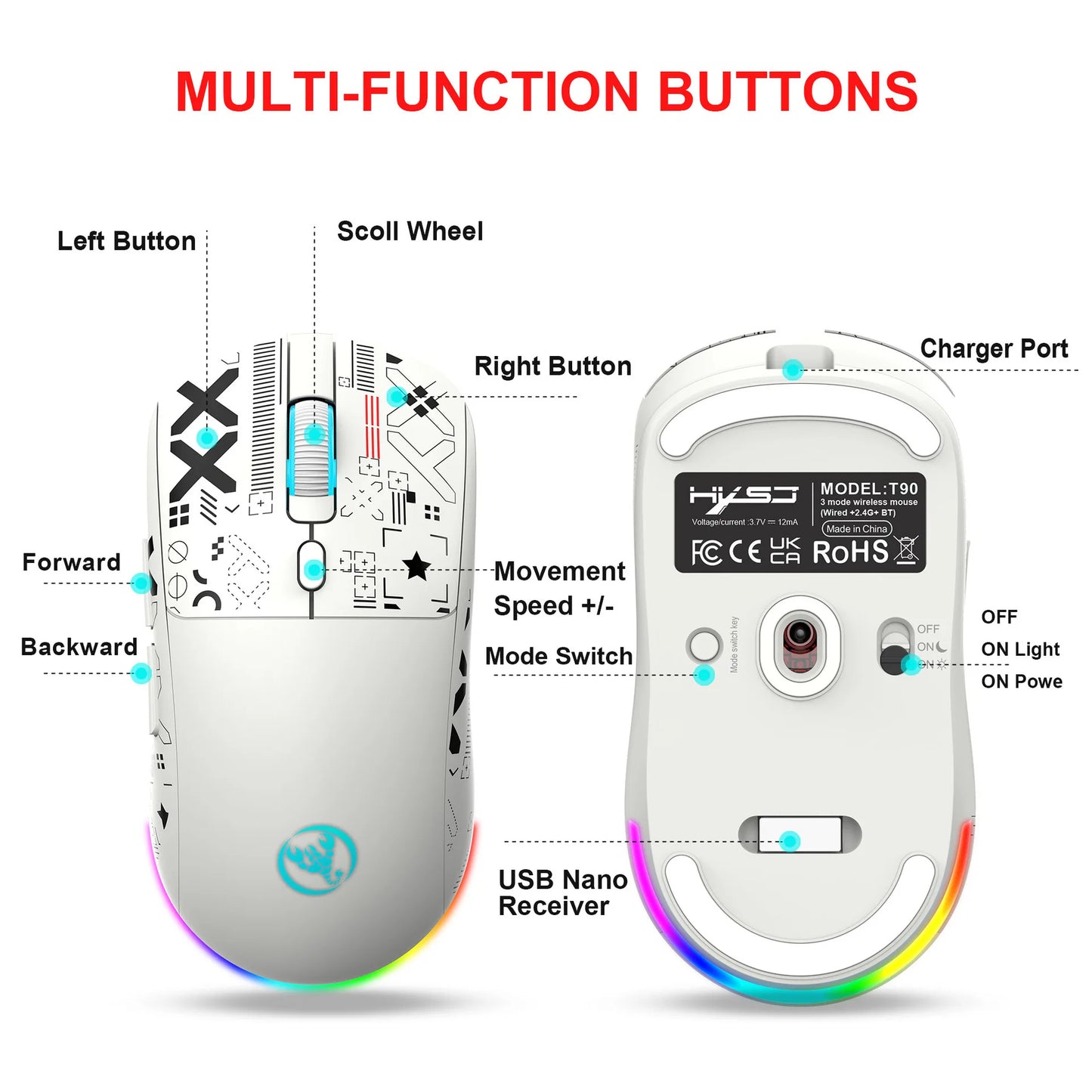 Mouse gaming Bluetooth a 3 modalità, ricaricabile, 2.4G USB wireless, con retroilluminazione RGB, per iPad, tablet, laptop e computer
