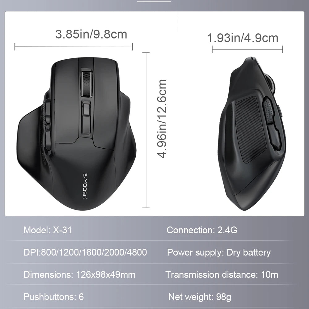 E-YOOSO X-31 ratón gaming inalámbrico USB 2.4G grande para manos grandes PAW3212 4800 DPI 5 botones para gamer, ordenador portátil y PC
