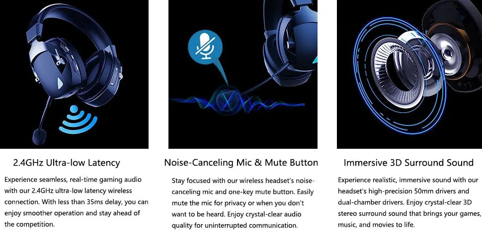 Gaming Headset with Detachable Noise-Cancelling Microphone – 3-Mode Wireless Bluetooth 5.3, 2.4G USB & 3.5mm Wired Gaming Headset with 50mm Drivers