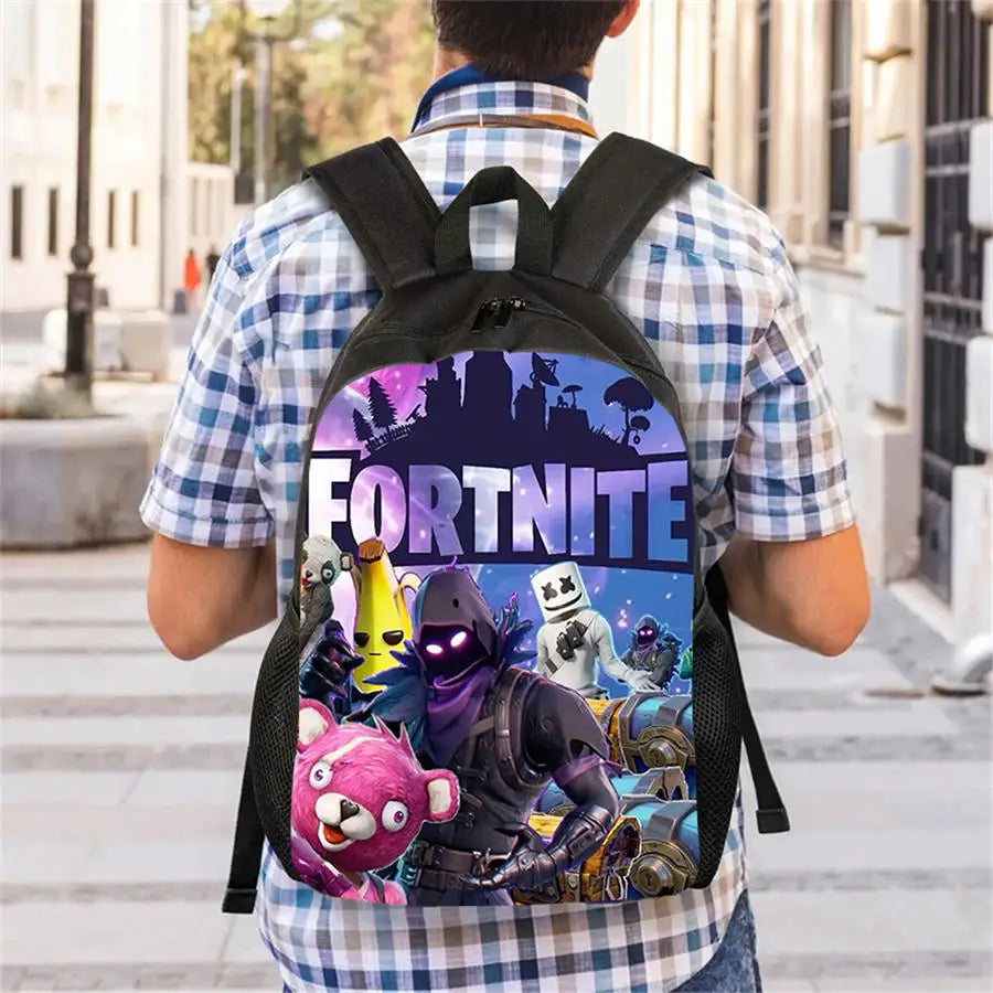 Mochila leve Fortnite Cartoon de 15 polegadas com alças ajustáveis para crianças, saco escolar diário para meninos e meninas dos 5 aos 9 anos