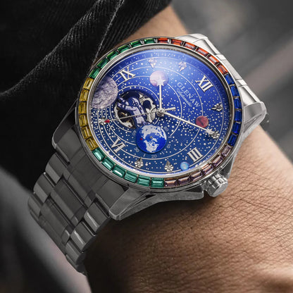 GLENAW New Rotating Earth Mechanical Watch Men Space astronaut dial Night Light Waterproof Stainless Steel Strap Automatic Watch