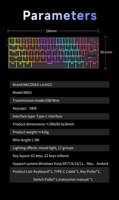 AJAZZ NK61 61-Key Red Switch Wired Mechanical Keyboard with Hot-Swappable Keys and RGB Lighting, Suitable for PC and Mac