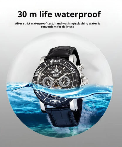 BOYZHE Brand Luxury Tourbillon Mechanical Watch Men Sports Leather Strap Waterproof Classic Date Week Automatic Sapphire Watches