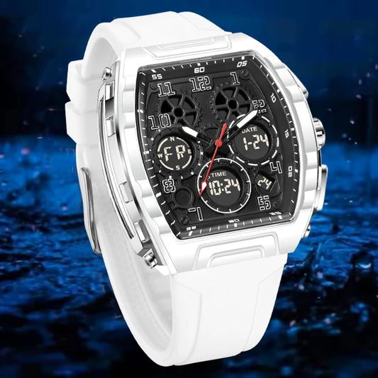 FOXBOX Men Watch Luminous White Silicone Waterproof Quartz Watch For Men Fashion Analog Digital Alarm Chronograph Montre Homme