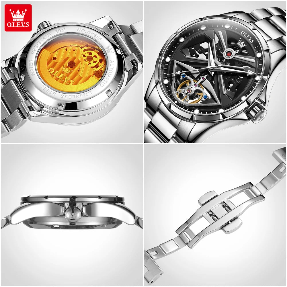OLEVS 6655 herenhorloge, volledig automatisch skeletmodel; luxe mechanisch polshorloge, verlicht en waterdicht.