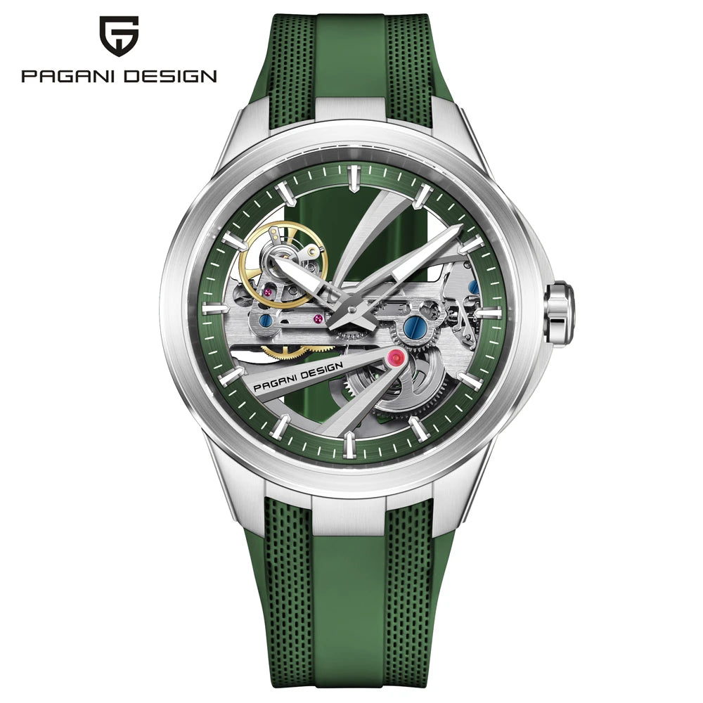 Ceas pentru bărbați PAGANI DESIGN – Model mecanic automat de lux, de tip „schelet” (cu mecanism expus), dotat cu un tourbillon, sticlă de safir cu tratament antireflex, rezistent la apă și luminescent.