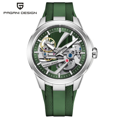 Ceas pentru bărbați PAGANI DESIGN – Model mecanic automat de lux, de tip „schelet” (cu mecanism expus), dotat cu un tourbillon, sticlă de safir cu tratament antireflex, rezistent la apă și luminescent.