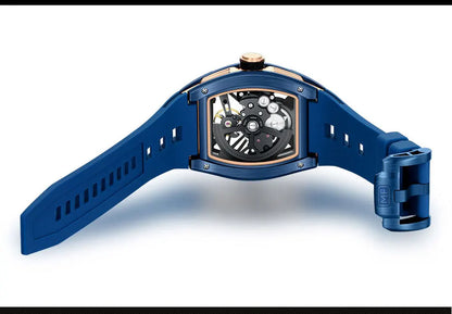 MINI FOCUS Men's Wristwatch Fashion Black Waterproof Automatic Mechanical Watch with Luminous Hands Silicone Strap Tonneau Dial