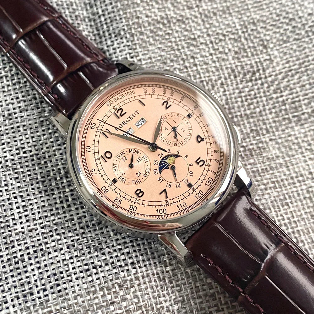 Reloj automático para hombre con multifunción de fecha, día, mes y año, reloj mecánico masculino 316L, caja pulida, indicador día/noche, 42mm