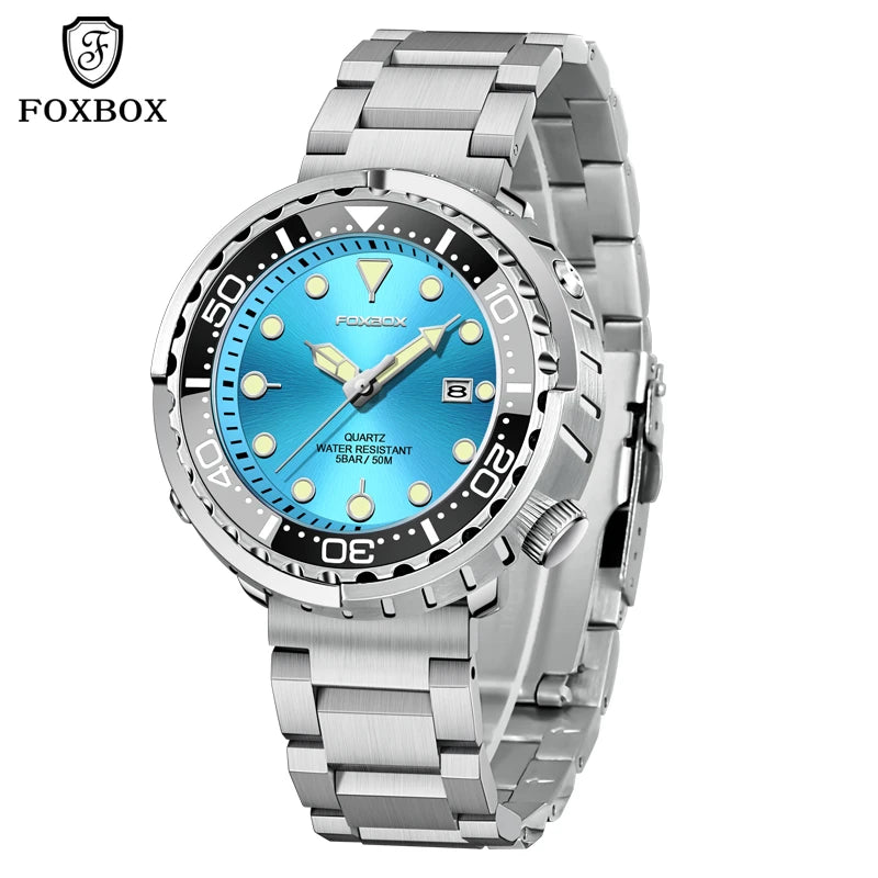 FOXBOX  Top Brand Fashion Diver Watch Men 50ATM Waterproof Date Clock Sport Watches Mens Quartz Wristwatch Relogio Masculino