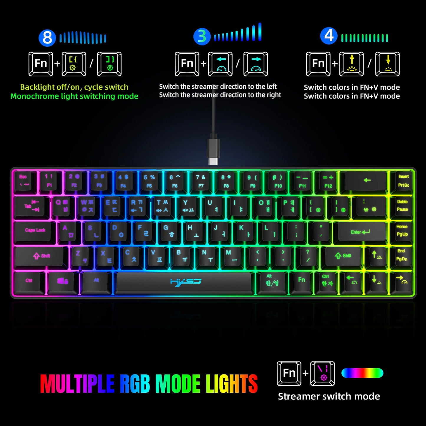 Teclado gaming coreano portátil HXSJ V200 de 68 teclas, teclado de membrana cableado para oficina con retroiluminación RGB al 65% para PC de escritorio y portátiles