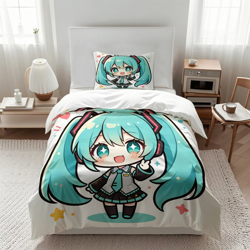Hatsune Miku Chibi Style Duvet Cover Set Cute Anime Bedding with Pillowcases Gaming Room Teens Kids Bedroom Decor Gift for fans