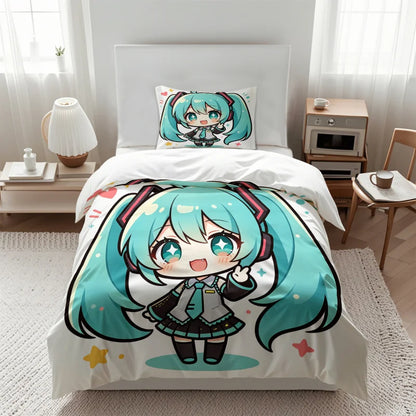 Hatsune Miku Chibi Style Duvet Cover Set Cute Anime Bedding with Pillowcases Gaming Room Teens Kids Bedroom Decor Gift for fans