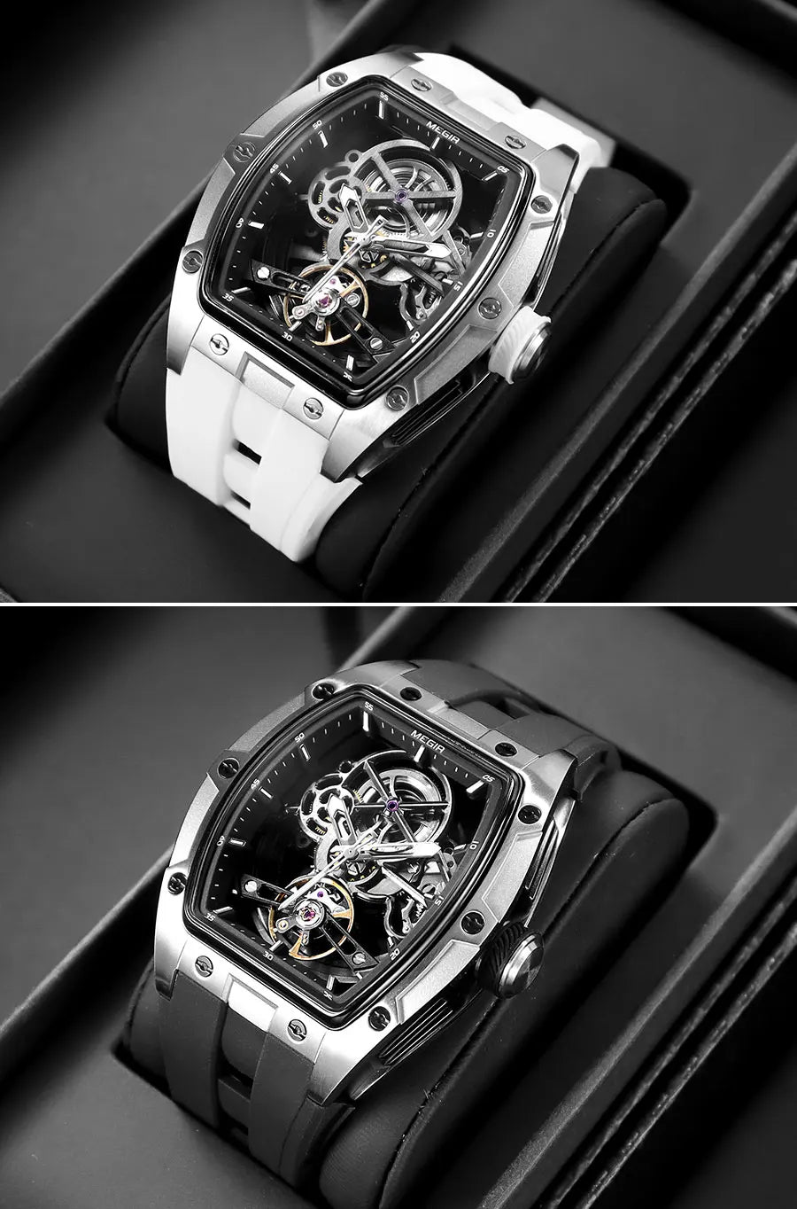 MEGIR 2242 Blue Automatic Watch for Men Sport Waterproof Stainless Steel Mechanical Wristwatch with Silicone Strap Skeleton Dial