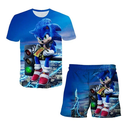 Fashion 3D Anime Children's T-shirt Set Sonic The Hedgehog Top Short Sleeve + Shorts Two-piece Set Girls Boys Cosplay Costume