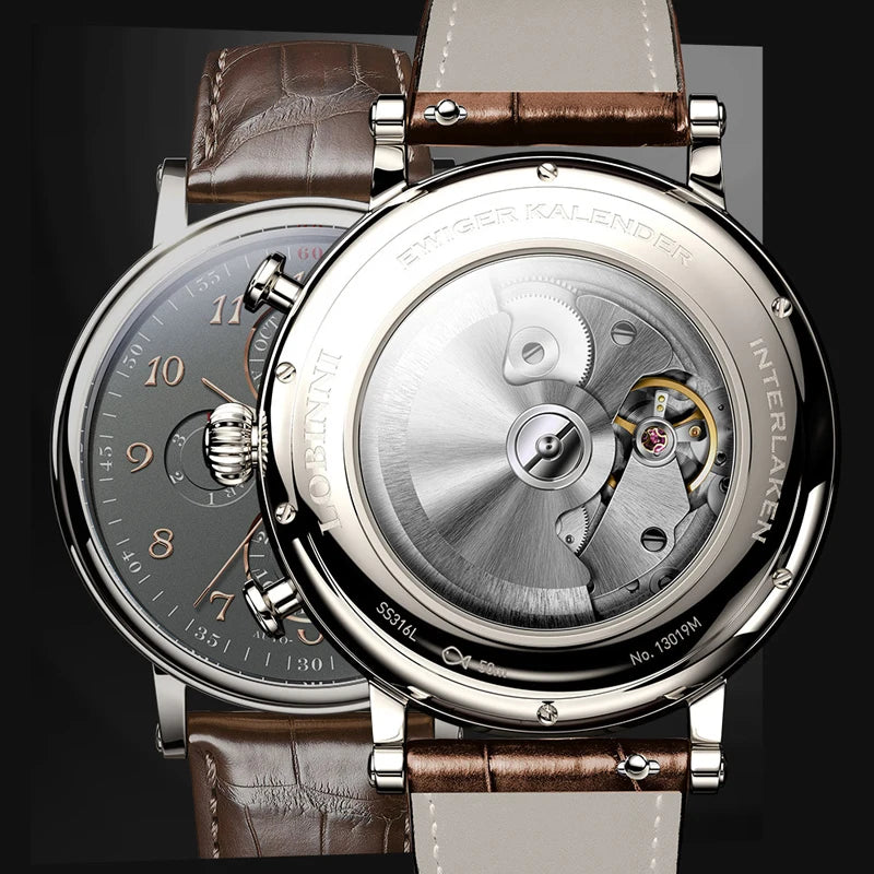 Reloj de lujo suizo LOBINNI para hombre, mecánico automático con calendario perpetuo, cristal de zafiro y multifunción L13019-8