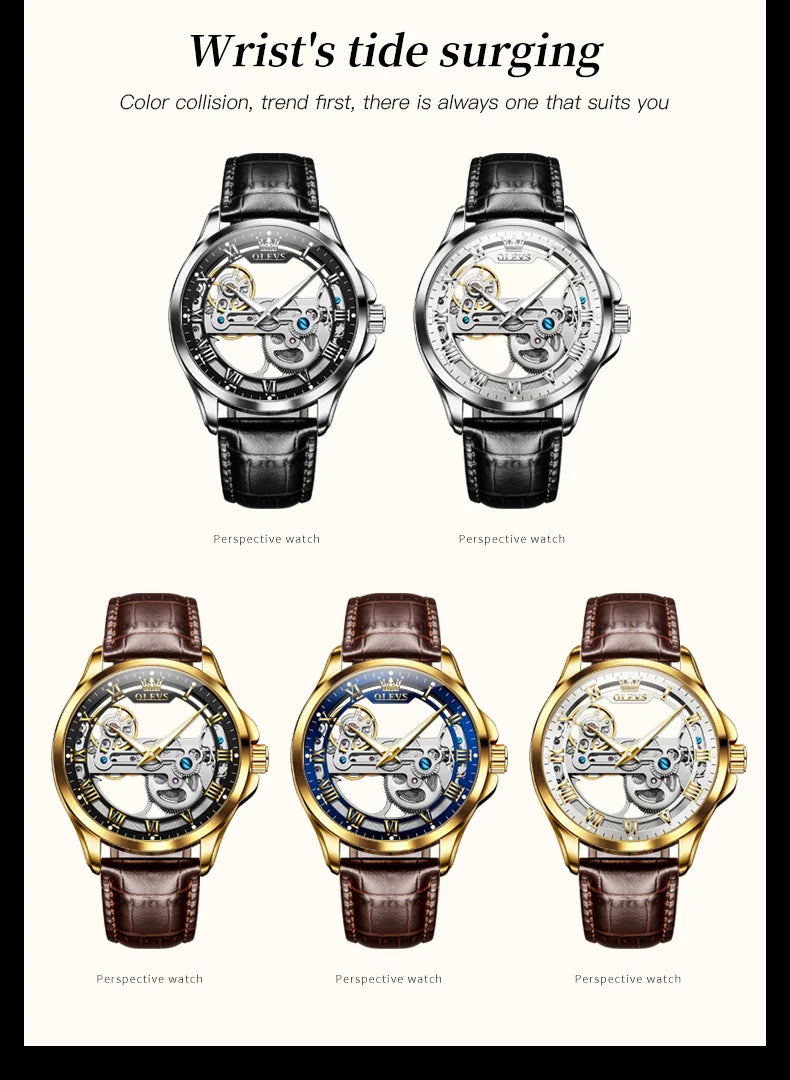 OLEVS 6661 Men's Top Brand Luxury All-Transparent Hollow Mechanical Watch, Original Fashion, Waterproof Classic Design