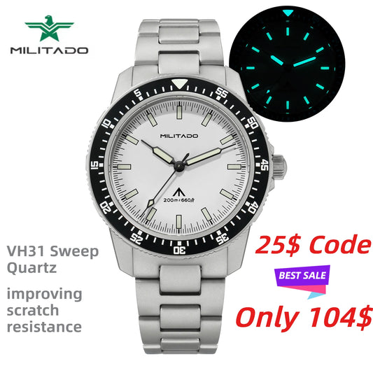 MILITADO ML25 Quartz Dive Watch VH31 Sweep Second Sapphire Crystal 200M Waterproof BGW9 Lume Ceramic Bezel Men Watch