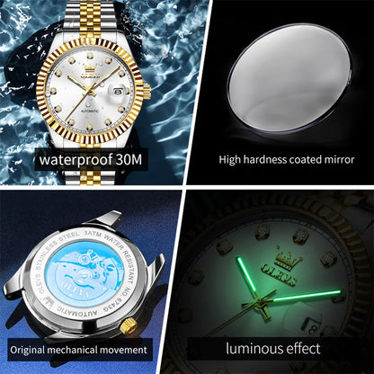 OLEVS New Automatic Watches Man Original Luxury Diamond Dial Stainless Steel Waterproof Auto Date Mechanical Watch for Men 6743