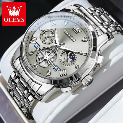 OLEVS Men's Watches Classic Multifunctional Flywheel Chronograph Original Quartz Wristwatch Moon Phase 24 Hour Waterproof Watch