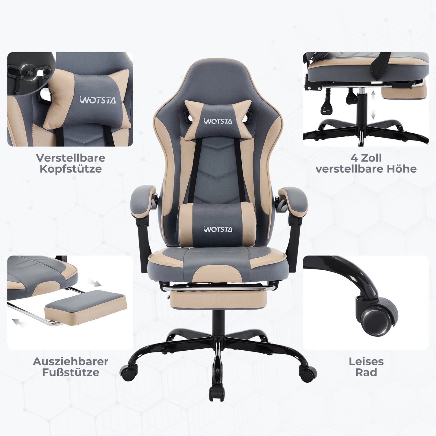 WOTSTA Gaming Chair Ergonomic Gamer Chair with Footrest, Adjustable Lumbar Support, Headrest, Reclining Computer Chair for Office & Gaming