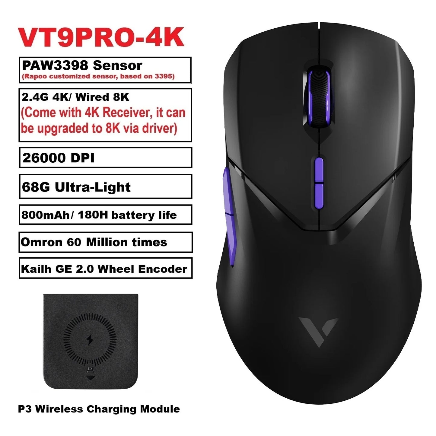 Mouse da gaming wireless Rapoo VT9PRO PAW3398 68g cablato programmabile ergonomico 26000DPI Type C ricaricabile accessorio per PC gamer