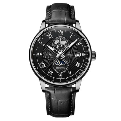 Men’s Luxury Sport Quartz Watch -  Waterproof Luminous Dial, Leather Strap & Date Display