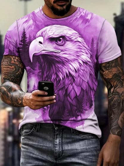 T-shirt patriótica para homem com estampado 3D de águia, gola redonda, manga curta, estilo casual, para verão, moda, atividades ao ar livre e vestuário masculino