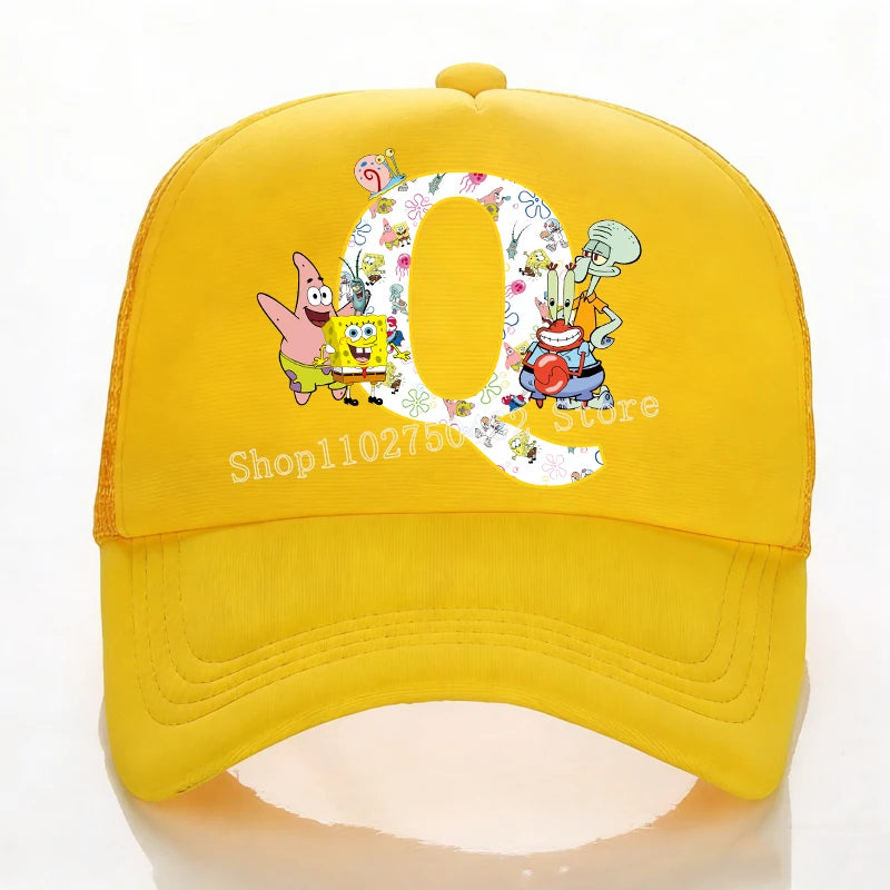 SpongeBobs Baseball Cap Kids Adult Summer Outdoor Sports Sun Hat Child Cute Letter A-Z Sunbonnet Breathable Mesh Headgear Gift
