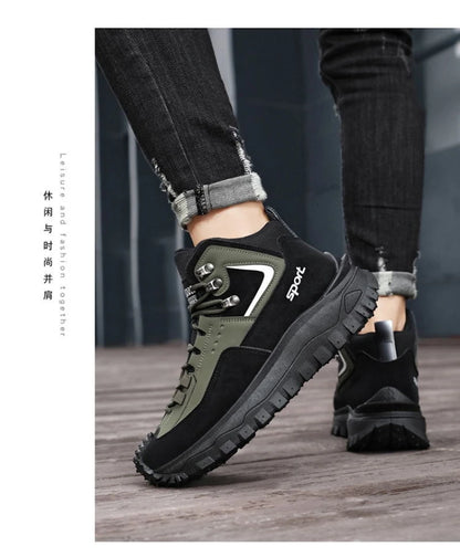 Black And Tan Mid Top Hiking Boots Suede And Leather Platform Sneakers Non Slip Outdoor Casual Shoes With Rugged Sole For All