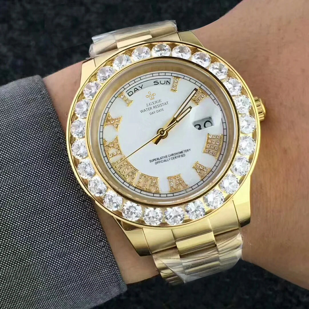 2025 New Big Diamond Watch For Men day date Water Resistant Quartz Wristwatch Top Brand Luxury Casual AAA Male Wrist Watch Gilft
