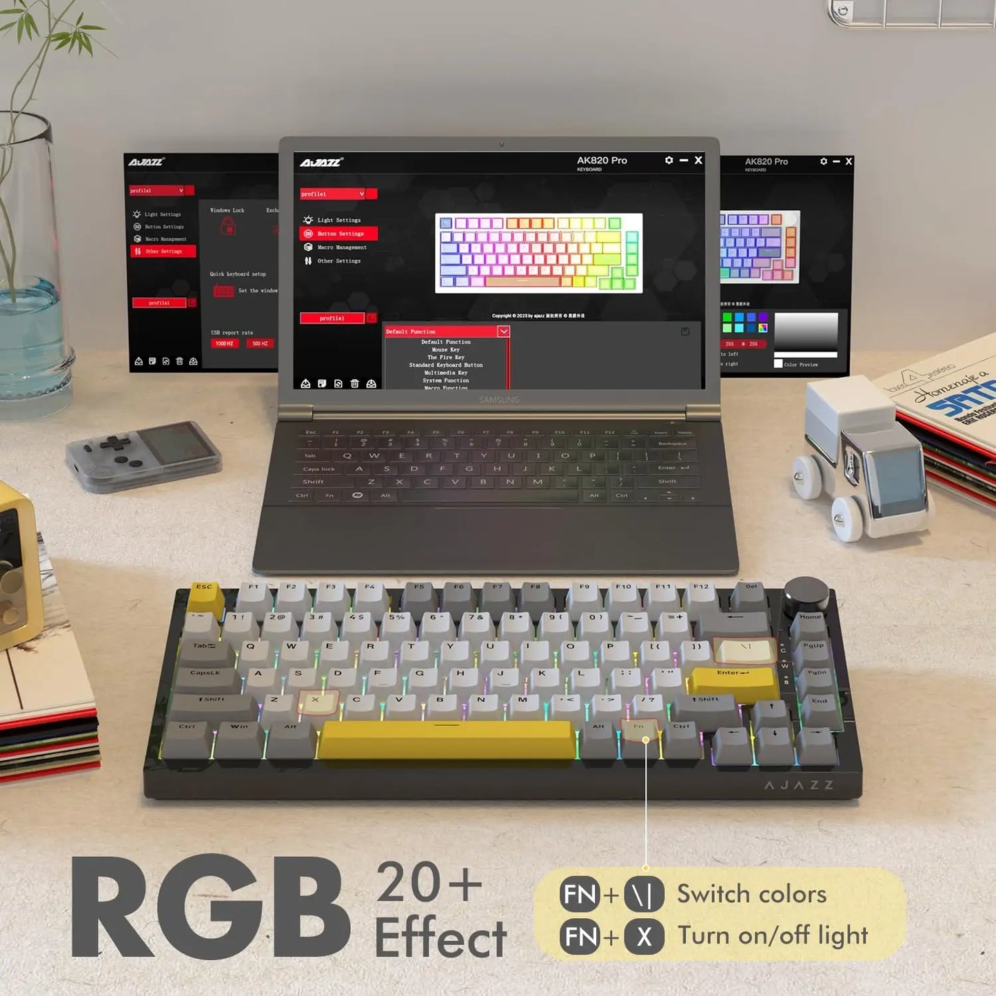 AJAZZ AK820 75% Wired Mechanical Keyboard: Hot‑Swappable, RGB/White/Ice‑Blue Backlit, Volume Knob Control | For Office & Gaming