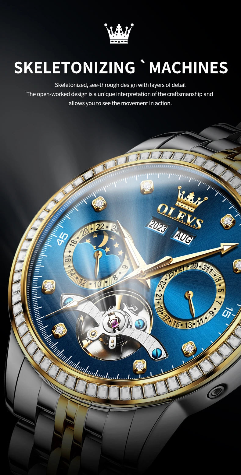 OLEVS 7016 Luxury Automatic Watch Men Skeleton Tourbillon Moon Phase Calendar Waterproof Stainless Steel Mechanical Wristwatch
