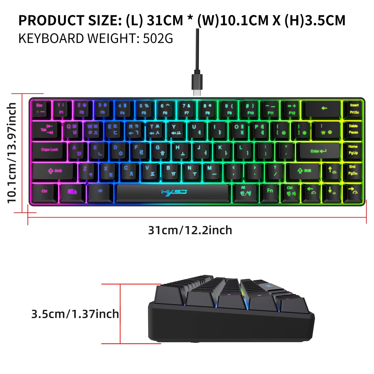 Teclado gaming coreano portátil HXSJ V200 de 68 teclas, teclado de membrana cableado para oficina con retroiluminación RGB al 65% para PC de escritorio y portátiles