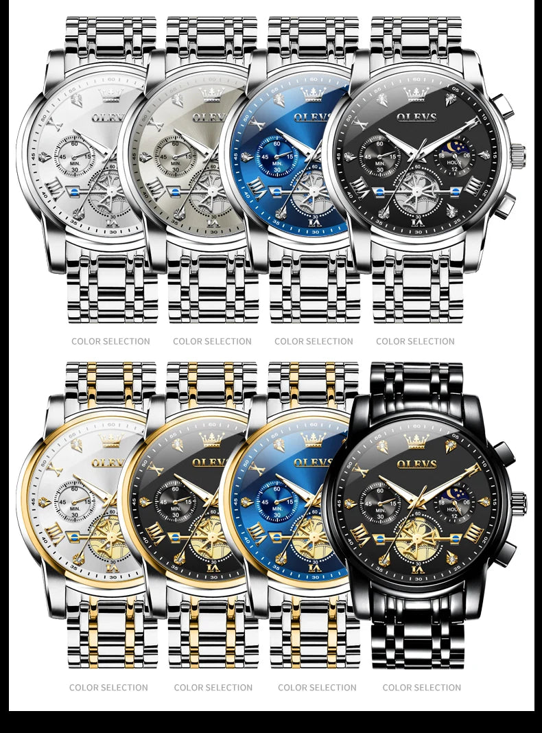 OLEVS Men's Watches Classic Multifunctional Flywheel Chronograph Original Quartz Wristwatch Moon Phase 24 Hour Waterproof Watch