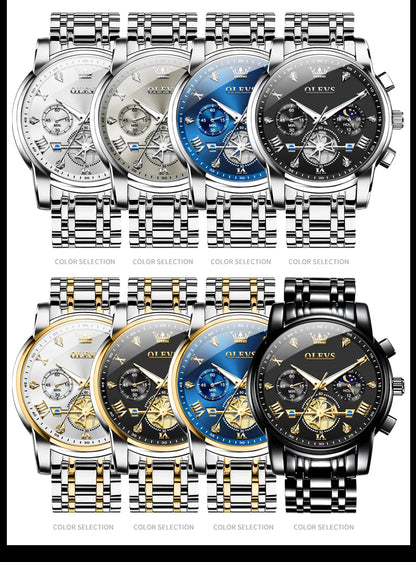 OLEVS Men's Watches Classic Multifunctional Flywheel Chronograph Original Quartz Wristwatch Moon Phase 24 Hour Waterproof Watch