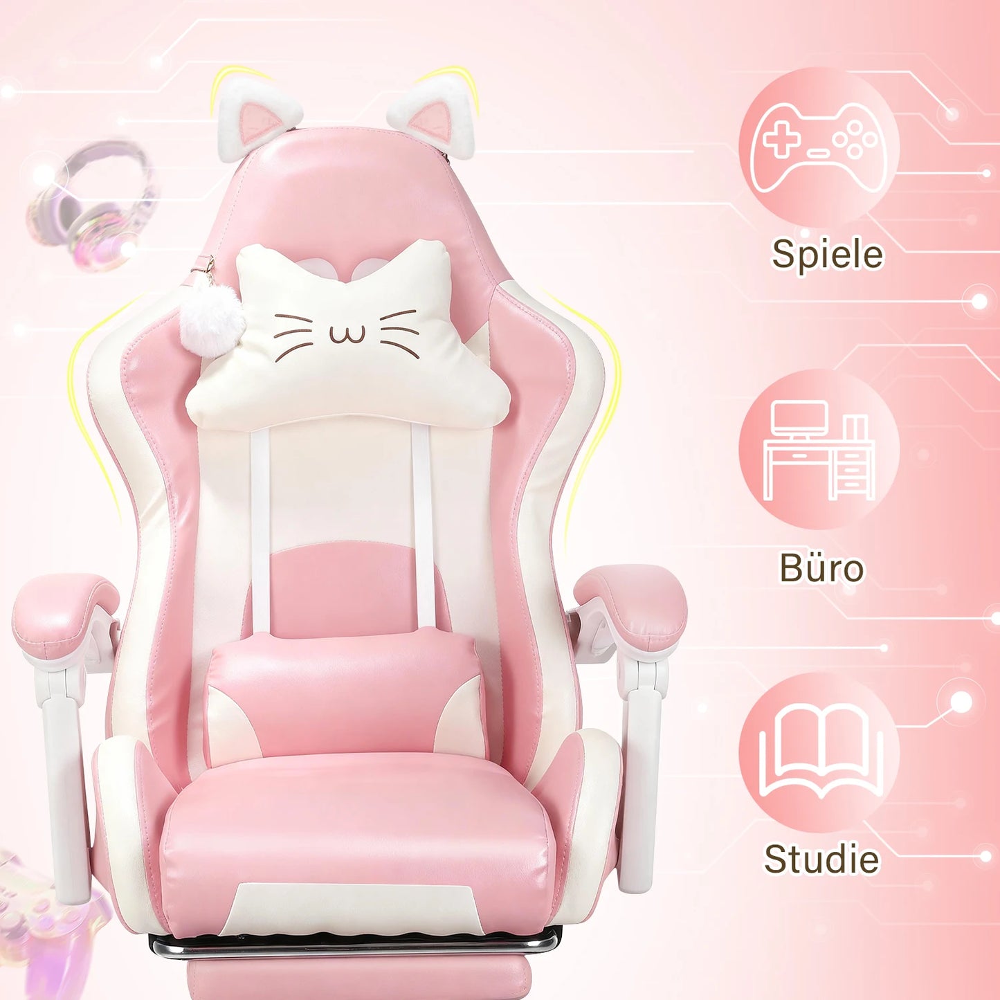 Sedia da gaming con orecchie da gatto, poltrona da computer con poggiapiedi e supporto lombare, sedia da gioco regolabile in altezza, seduta girevole a 360°