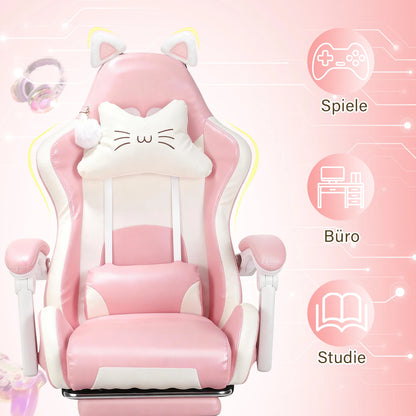 Sedia da gaming con orecchie da gatto, poltrona da computer con poggiapiedi e supporto lombare, sedia da gioco regolabile in altezza, seduta girevole a 360°