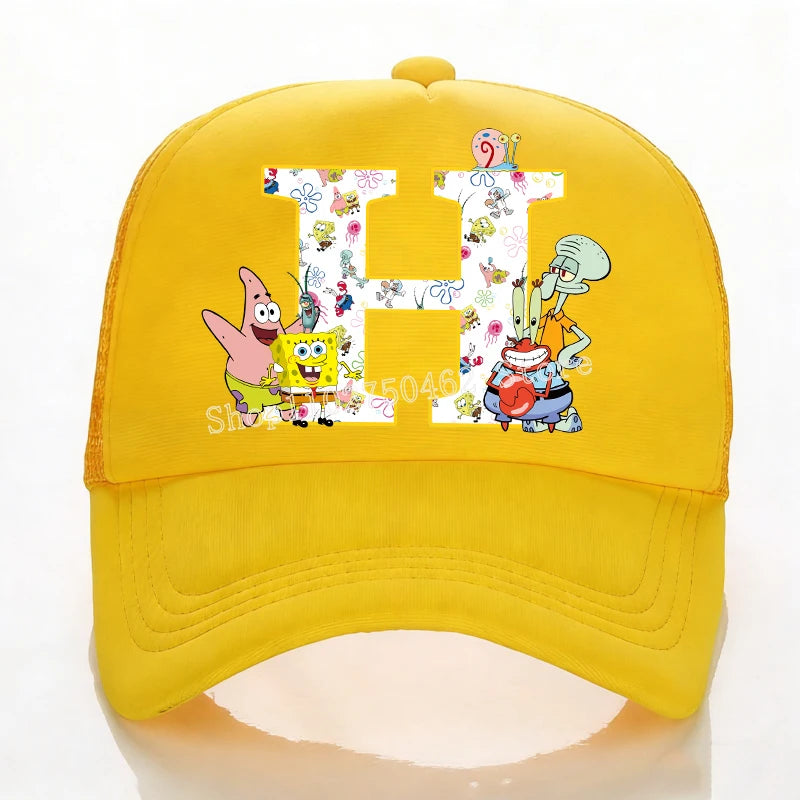 SpongeBobs Baseball Cap Kids Adult Summer Outdoor Sports Sun Hat Child Cute Letter A-Z Sunbonnet Breathable Mesh Headgear Gift
