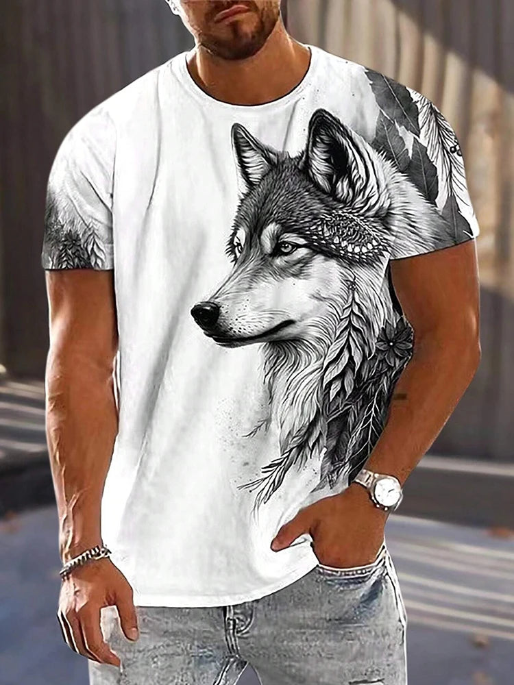 T-shirt de homem com estampado de lobo e olhos diferentes — T-shirt casual diária masculina, moda urbana streetwear, manga curta, verão, desporto ao ar livre
