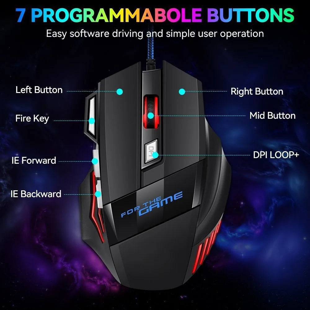 1 rato gaming USB Hyperspeed novo para PC, retroiluminado RGB, rato gaming ergonómico 7D para esports, com fios, para portátil e PC gamer