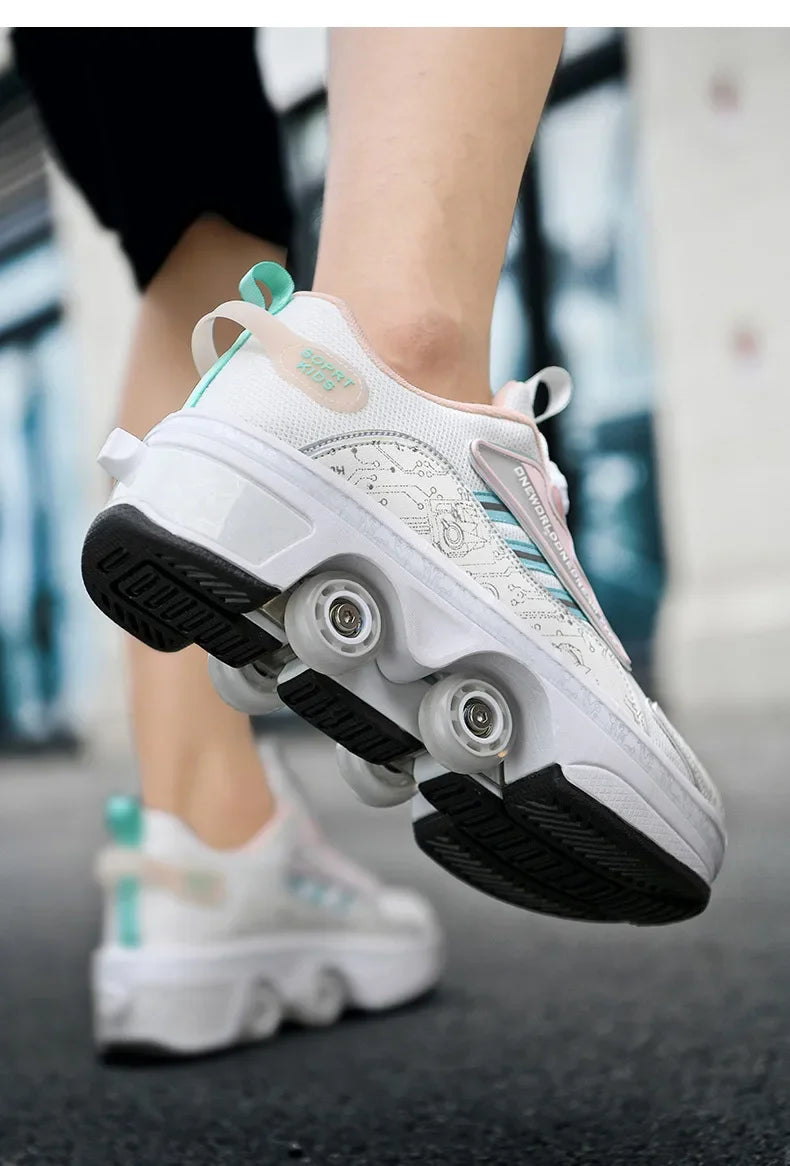 High Top 4 Wheel Roller Skate Shoes Automatic Retractable Dual-purpose Skating Sneakers for Boys Girls Kids & Youth